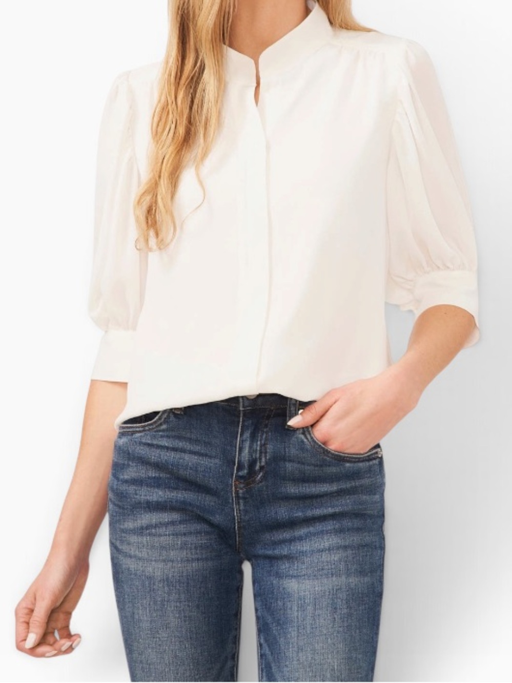 CeCe New Ivory Mandarin Collar Puff Sleeve Blouse L
